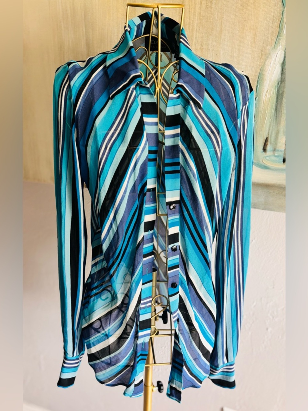 Dana Buchman 100% Silk Sheer Blue Striped Button Front Blouse Size 10